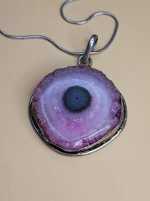 NEW! Pink Druzy Agate 925 Sterling Silver Plate Necklace 24" FREE $HIPPING!! - Image 1 of 4