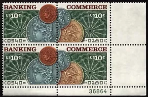 US - 1975 - 10 Cents Se-Tenant Money & Banking Issue Plate Block # 1577 - # 1578 - Picture 1 of 1