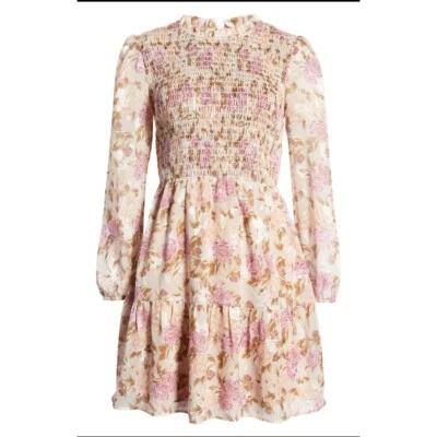Mini Vestido Adelyn Rae Darlene Floral Ahumado Talla XL Manga Larga Romántico Rosa Foto 1 de 4
