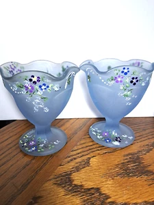 Vintage Blue Frosted Sundae Cups Hand Painted Floral Design Set Of 2 - Picture 1 of 12