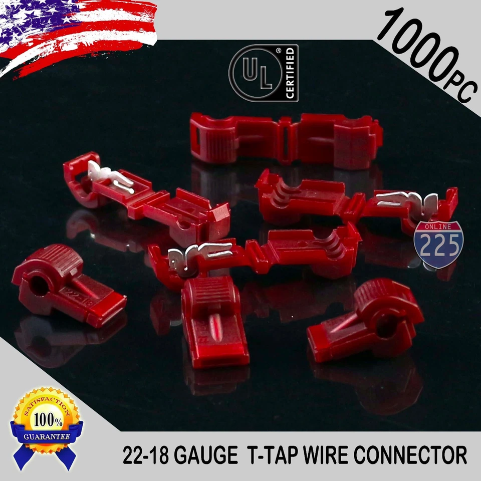 225FWY 1000 Pack T-Taps Red 22-18 AWG Gauge Quick Slide Connectors Car Audio Alarm UL