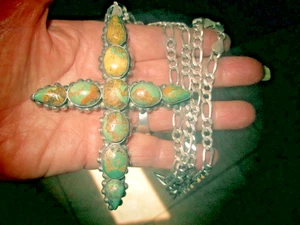 VINTAGE NAVAJO? HUGE MULTI TURQUOISE STONE CROSS W/ STERLING SILVER FIGARO CHAIN - Picture 1 of 13
