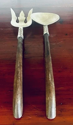 Mid Century Teak And German Silver Serving Fork And Spoon Set - Image 1 of 4