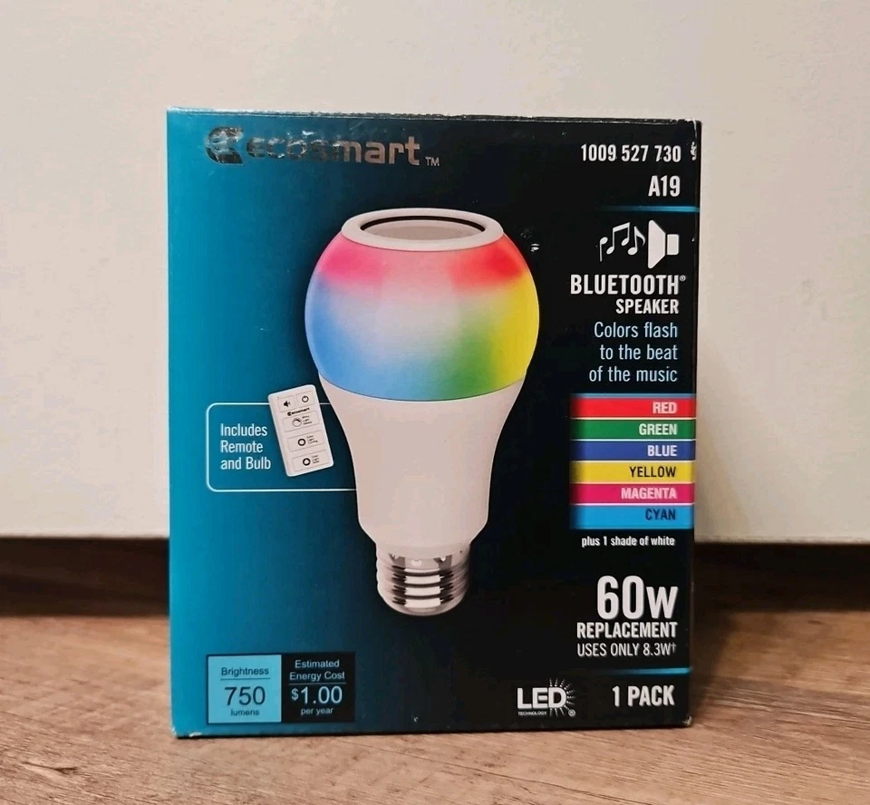 Ecosmart BTA19RGB3KECP Bluetooth Speaker Colored Plus 60w Light Bulb w/ Remote - Image 1 of 1