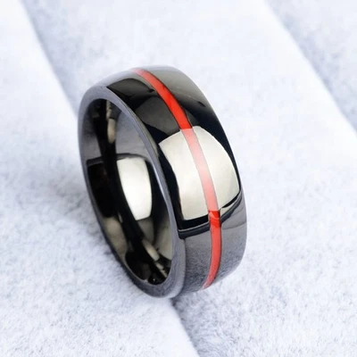 Black Tungsten Carbide Ring Blue Red Inlay Comfort Fit Band for Men Women - Image 1 of 4