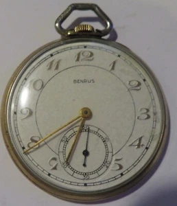 Vintage BENRUS Pocket Watch 17 Jewels Swiss Model AH 12 works Case Marked 10KRGP - Picture 1 of 8