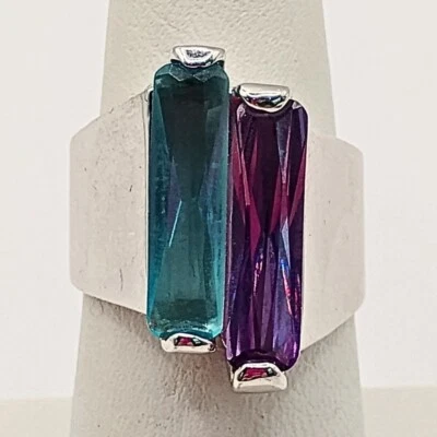 Womens Silver Plated Amethyst Aquamarine Ring Size 7 Modernist Abstract Art - Image 1 of 4