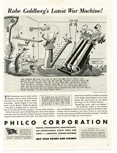 1943 PHILCO Corp Rube Goldberg Machine Cannon Hitler Tojo Mussolini WWII PrintAd - Picture 1 of 1