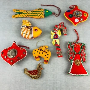 Vintage India Folk Art Ornaments x 8 Handmade Cloth Sequins Beads Trim Stuffed - Picture 1 of 11