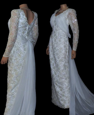 Wedding Dress White ALL OVER Sequins Sheer Chiffon LACE GOWN Nina Baldwin Size 4 - Image 1 of 4