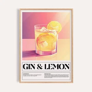 Gin and Lemon Cocktail Poster Recipe Modern Wall Art for Kitchen or Bar Decor - Picture 1 of 26