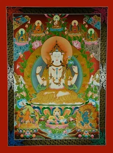 47" x 35" Chenrezig Tibetan Buddhist Thangka/Thanka Scroll Painting From Nepal - Imagen 1 de 11