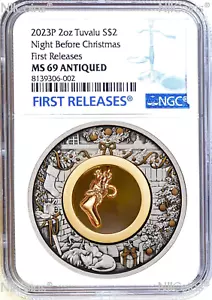 2023 Night Before Christmas 2oz Silver + gilt Stocking Insert Antiqued Coin MS69 - Picture 1 of 6