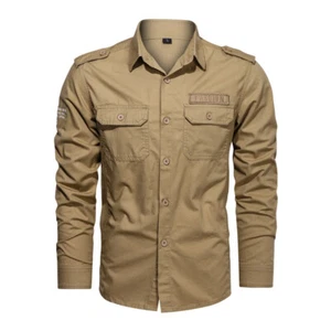 New Men's Military Shirts Slim Long Sleeve Pockets Army Cotton Casual Shirts Top - Picture 1 of 15