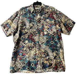 Vintage Pierre Cardin Shirt Men Large Beige Blue Multi 100% Silk Hawaiian Camp - Picture 1 of 21