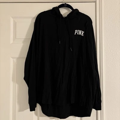 Victoria's Secret PINK Varsity T Shirt Hoodie Long Sleeve Black Sz XL - Image 1 of 4