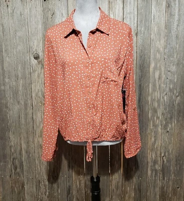 No Boundaries XL 15 17 Top Blouse Orange Dot Tie Front Long Sleeve NOBO New - Image 1 of 4