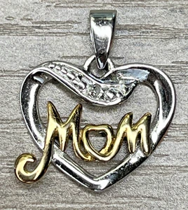 VTG Sterling 925 Gold Vermeil Two Tone CZ Open Heart Love MOM Pendant Signed CI - Picture 1 of 7
