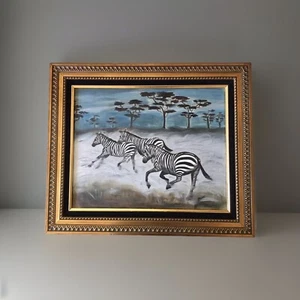 ZEBRA OIL PAINTING SIGNED FRAMED TREES 3 ZEBRAS RUNNING SIGNED CHERRI AFRICA - Picture 1 of 8