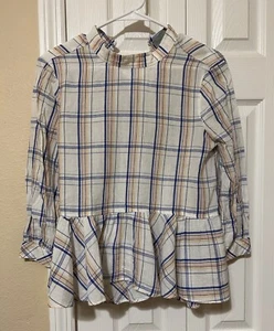 Maeve Peplum Top White Plaid Long Sleeve Mock Neck Keyhole Ruffles Size 2 - Picture 1 of 9