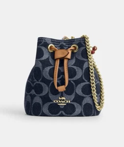 NWT Coach Drawstring Wristlet In Signature Denim Gold/Denim Blue Natural CZ031 - Picture 1 of 11