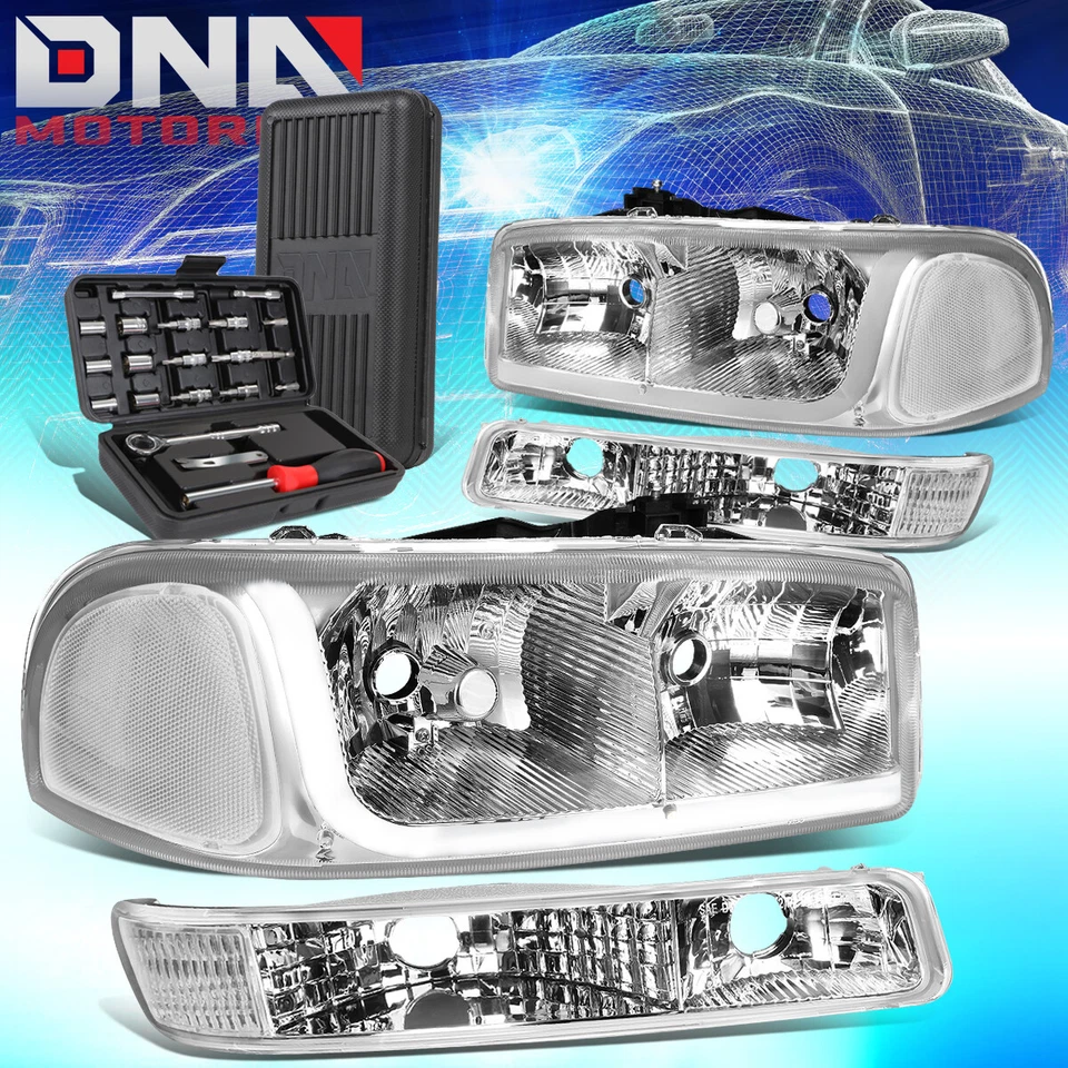 PARA GMC SIERRA LED DRL L-BAR HEADLIGHTS L-BAR 1999-2007 PARACHOQUES+HERRAMIENTAS CROMO/TRANSPARENTE Foto 1 de 4