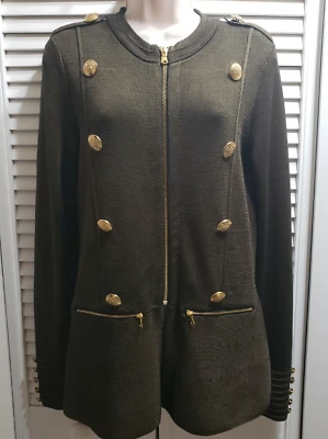 INC 深绿色军用金色 Dominion 按钮拉链开衫毛衣 S 码全新带标签 — 第 1/4 张图片