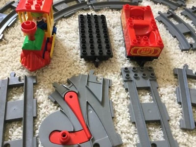 Duplo Lego train straight Curved 27 Track Lot  plus train cars and conductor  - Image 1 of 4