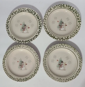 Christmas We Can Build A Snowman 6.5” Dessert Salad Plates Sponge Print Set of 4 - Picture 1 of 5