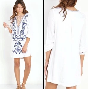 The Jetset Diaries Dynasty White Tunic Dress - Size XS - Blue Embroidery - Picture 1 of 7