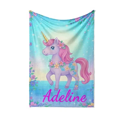GIFTIMIZED Personalised Cute Floral Unicorn Name Fleece Blanket Custom Kids Soft Warm Decor