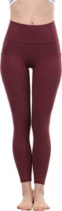 High Waist Yoga Pants with Pockets, Tummy Control Exercise Shorts (Wine,Size:XL) - Picture 1 of 7