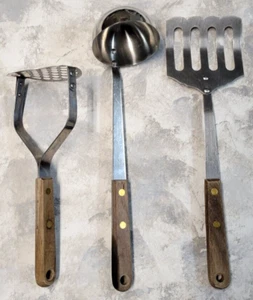Robinson USA 3 Stainless Slotted Curved Spatula Ladle Masher Vtg Lot Wood Handle - Picture 1 of 16