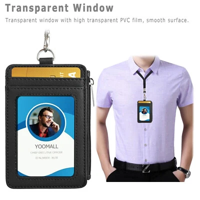 ID Badge Card Holder Synthetic Leather Vertical Clip Neck Strap Lanyard Case - Image 1 of 4
