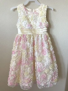 American Princess Yellow Pink 3D Floral Rosette Sequins Sleeveless Dress Size 6 - Picture 1 of 7