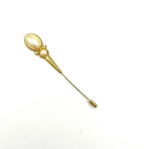 Vintage Faux Pearl Stick Pin Rhinestone Gold Tone Lapel Hat Brooch - Picture 1 of 3