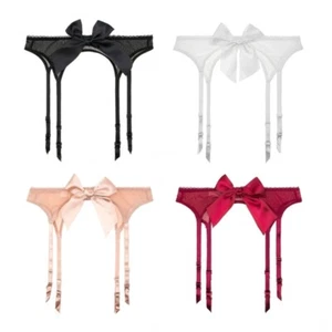 Women Bowknot Sexy Mesh High Waist Garter Belt with 4 Clip for Stockings - Picture 1 of 27