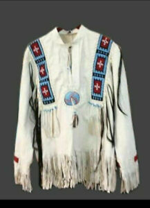 Men Old American Style Western Buckskin White Leather Fringe Beaded Shirt Nl66