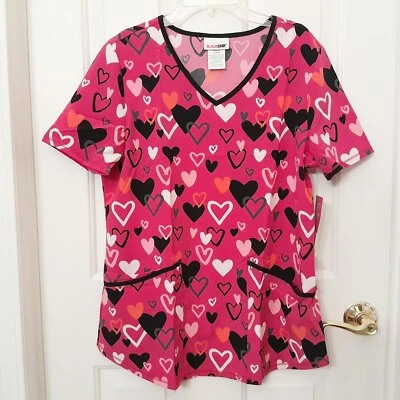 Womens Scrubstar Stretchy Scrub Top Pink Hearts Size Small - Image 1 of 4