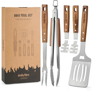 5PC BBQ Grill Tool Set, Heavy Duty Stainless Steel + Wood - Picture 1 of 9