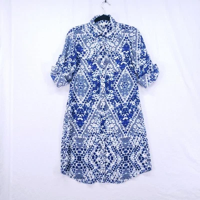 Cabi Blue & White Abstract Print Button Down Short Jewel Shirt Dress Size S - Image 1 of 4