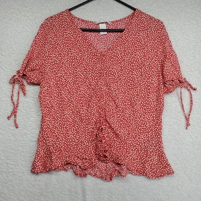 H&M Women's Top Medium Red Floral Rufflle Cap Sleeve Babydoll Cottagecore Y2K - Image 1 of 4