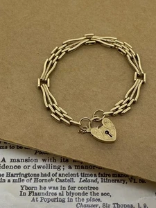 9K Yellow Gold Finely Engraved Padlock Elongated Links Retro 1950's Bracelet - Bild 1 von 7