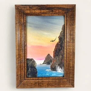 Vintage Daniel Blanquet Mexican Miniature Oil Painting Cliff Diver Ocean Sunset - Picture 1 of 5