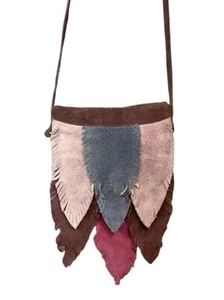 VTG 60S 70S PURPLE PINK BLUE SUEDE FEATHER BOHO HIPPY PATCHWORK CROSS BODY BAG - Picture 1 of 4