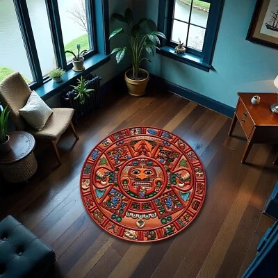 Red Mayan Symbol Rug Round Tribal Mask Carpet with Dancing Figures and Animals - Image 1 of 3