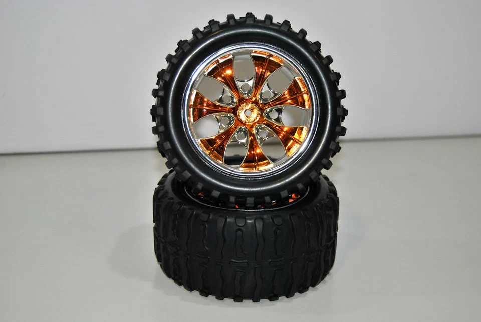 08010NPG Coppia Ruote Complete TRUCK 1/10 Himoto Esagono 12mm Cerchio Cromato Or - Immagine 1 di 1