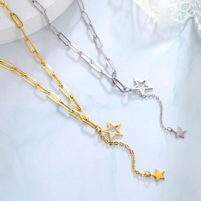 Collana a catena graffetta in acciaio doppio stella cava nappa girocollo donna - Immagine 1 di 4