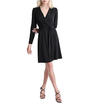 New DKNY (6) Black Embellished Knit V-Neck Long Sleeve Tie Waist Mini Dress $169 - Image 1 of 4