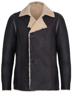 Mens Khaki German Double Breasted Real Sheepskin Shearling Leather Jacket Coat - Picture 1 of 5